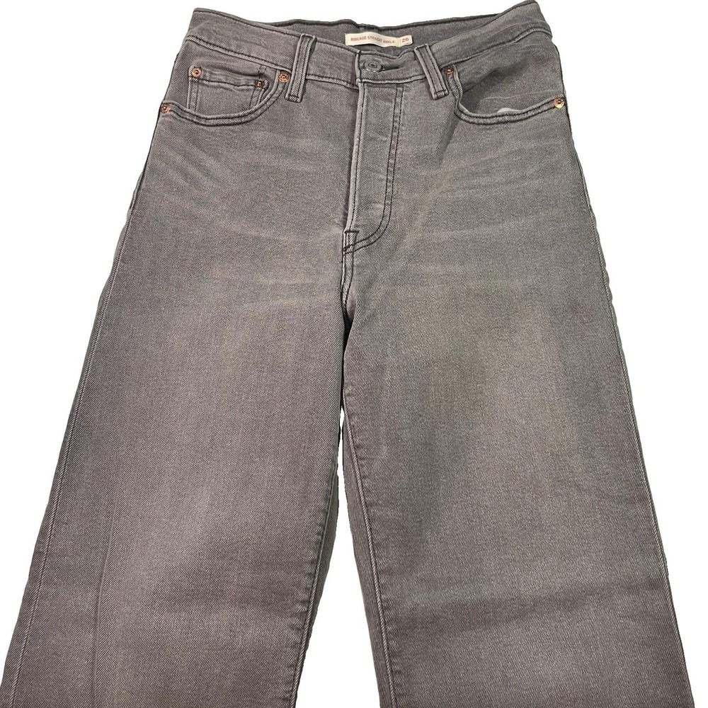 Levi's Ribcage Jeans Womens 26x27 Black Denim Ankle‎ Straight Button-Fly Stretch